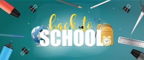 Back to school green banner. School supplies, pen, pencil, marker, ruler, scissors, paper clip. Vector. vector