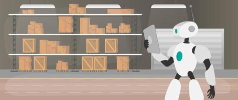 Robot in the production warehouse. The robot is holding a tablet. Futuristic concept of delivery, transportation and loading of goods. Large warehouse with drawers and pallets. Vector. vector