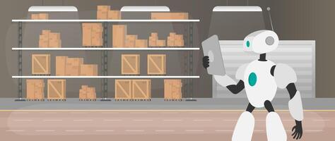A robot is standing in front of a warehouse with boxes on shelves vector