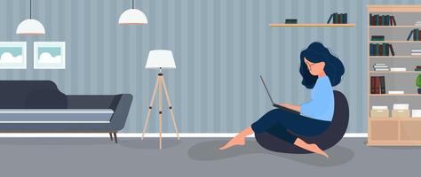The girl sits on an ottoman and works at a laptop. A woman with a laptop sits on a large pouf. The concept of comfortable work in the office or at home. . vector