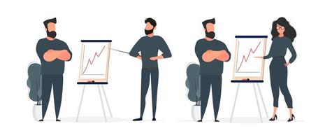 The guy shows a report to the boss. Presentation with positive dynamics. Board for paper. Infographics. Business growth. Isolated. Vector. vector