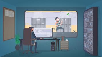 Security room. The guard recorded an escape in prison. The offender runs from the prison cell. . vector