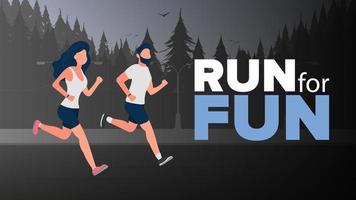 Run for fun banner. The guy and the girl are running. A man and a woman in shorts and a t-shirt jogging. Vector.
