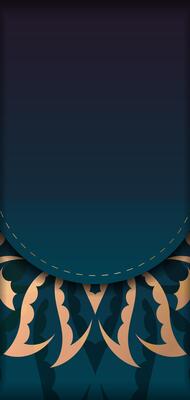 An ornate blue background with gold and black design