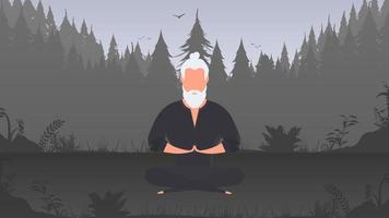 A man in a black kimono meditates in the park. Kung Fu Master. The guy is doing yoga in nature. Vector. vector