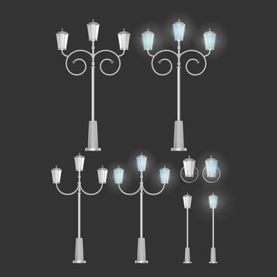 A set of Metallic lanterns that shine. Lamp post with realistic light. Vector.