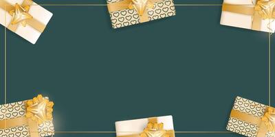 Green background with realistic champagne color gift boxes, gold ribbons and bow. Background with space for text. View from above. Vector illustration.