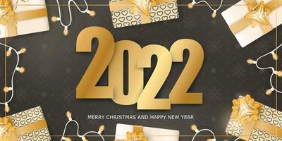 2022 brown banner. Merry Christmas and Happy New Year. Background with realistic gift boxes, garlands and light bulbs. Vector.