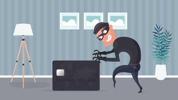 The robber steals a bank card. The thief is trying to steal a bank card. Good for the topic of security, robbery, scam and fraud. Vector. vector