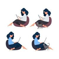 The girl is sitting on an ottoman with a tablet is sitting on a large pouf. The cat rubs against the girl's leg. Vector. vector