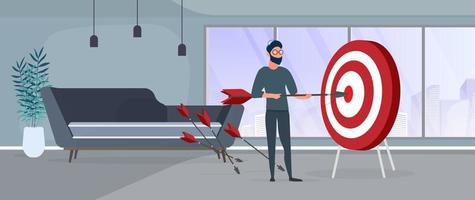 The guy is holding an arrow. The arrow hits the target. The concept of successful business, teamwork and achieving goals. Vector. vector