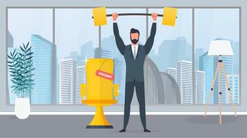 A businessman stands with a mountain of coins and raises the barbell. A man in a suit with a barbell. The concept of a successful business and revenue growth. Vector. vector