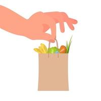 Hand gently holds a paper bag with groceries. Isolated. Vector. vector