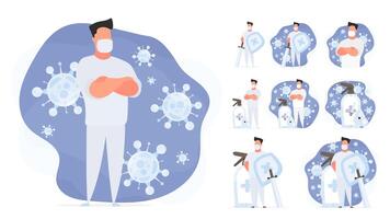 A set of people wearing protective masks and gloves vector