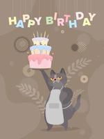 gato gracioso sostiene una magdalena festiva. dulces con crema, muffin, postre festivo, confitería. bueno para tarjetas de feliz cumpleaños. estilo plano vectorial. vector