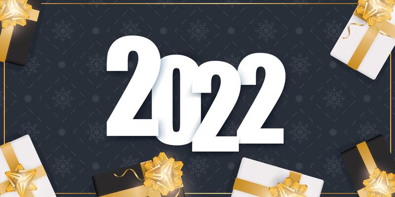 2022 new year dark blue banner. Background with realistic gift boxes, gold ribbons and bow. Vector.