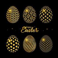 Happy Easter celebration card with golden decorated easter eggs. The poster with the golden text Happy Easter on a black background. Vector Illustration. Greeting card template design.