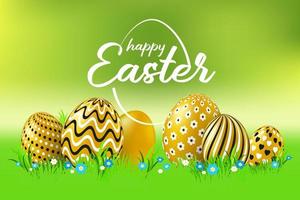 Happy Easter celebration card with golden decorated easter eggs. The poster with the golden text Happy Easter on a green grass background. Vector Illustration.