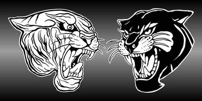 Tattoo art tiger fight panther hand drawing and sketch black and white Premium Vector