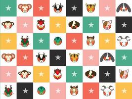 Colorful Chinese Zodiac 12 Animal Signs Chess Board Diamond Background vector