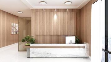 Recepción de oficina de representación 3d o sala de recepcionista con interior de diseño de madera