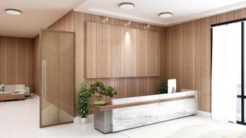 Recepción de oficina de representación 3d o sala de recepcionista con interior de diseño de madera