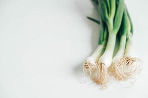 Bunch of fresh green onions on a white wooden background. Copy, empty space for text photo