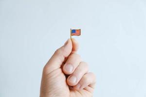 USA flag icon in the hand of a man on a white background photo