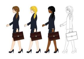 Set Cute Business Woman holding a Brief Case while Walking vector