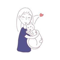 Girl Hug Cat with Love Sleeping Together. vector