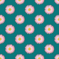 Pink Aster Flower Seamless on Green Teal Background vector