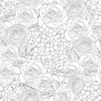 Rose, Hydrangea and Ranunculus Outline Seamless Background. vector