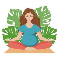 Illustration, yoga for pregnant. Long-haired pregnant woman in a yoga pose on a background of tropical leaves. Graphic design for poster, banner, fitness advertisement vector