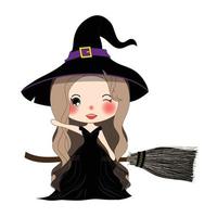 Halloween Witch Flying with Broom and Hat. Beautiful Young Woman on Boomstick Vector. vector