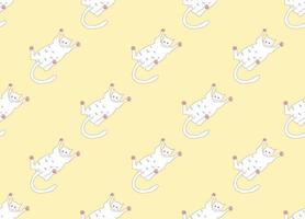 White Cute Cat Laying on Back Seamless Yellow Background vector