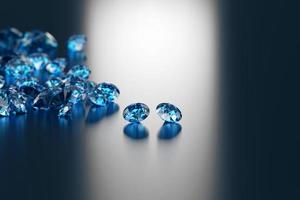 Grupo de zafiro de diamante azul colocado sobre fondo brillante foco de objeto principal representación 3D