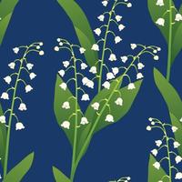 White Lily of the Valley on Indigo Blue Background. Vector Illustration