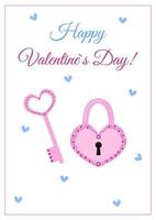 Happy Valentines Day greeting card. Cute romantic lock and key. Love holiday. Vector flat illustration