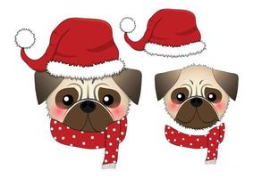 perro pug santa claus con bufanda roja. vector