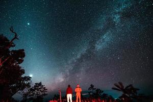 the night sky and the milky way in the forest photo