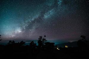 the night sky and the milky way in the forest photo