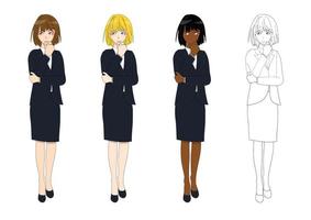 Set Cute Business Woman Thinking to Make Decision. Full Body Vector Illustration