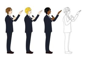 Set Handsome Business Man Presentation Holding Microphone Side View. vector