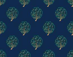 Green Tree Seamless on Indigo Blue Background. Vector Illustration