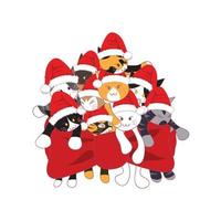 Cats with Santa Hat Bouquet Present. Vector Illustration.