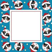 Black White Cat Santa Claus on Indigo Blue Banner Card. vector