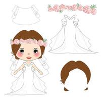 Bride White Wedding Dress Costume, Veil, Crown Pink Rose Flower ,Diadem. Head wreath. vector