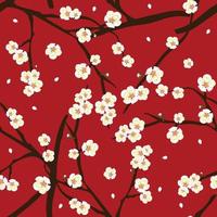 White Plum Blossom Flower on Red Background. Vector Illustration