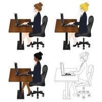 Set Cute Business Woman Sitting with Laptop. vector