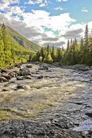 River of Rjukandefossen waterfall, mountains, sunset in Hemsedal, Buskerud, Norway. photo